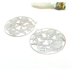 Estampes, pendentifs filigrane, Esprit marin, coquillage, étoile de mer 40mm, métal finition Argenté