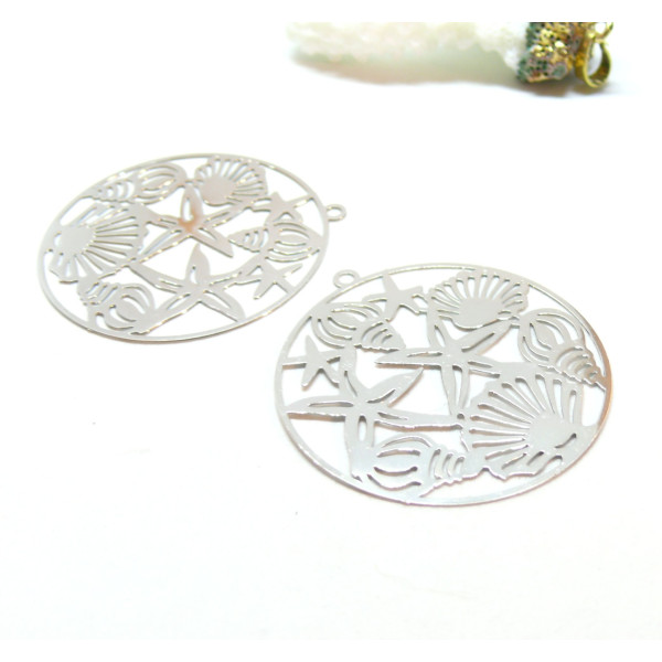 Estampes, pendentifs filigrane, Esprit marin, coquillage, étoile de mer 40mm, métal finition Argenté