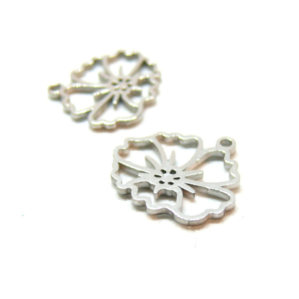 Pendentifs Fleur du Mois de Février 14mm, Acier Inoxydable 304, finition Argenté