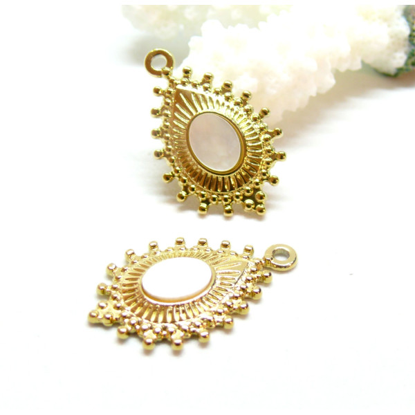 Pendentif  Boho Chic Goutte 27 par 17mm, Nacre, Acier Inoxydable 304 finition Doré à l'or fin 18K