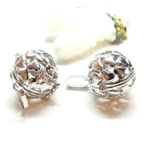 Pendentif Cage Bola Grossesse Multi Coeur avec strass 16mm, finition Argent Platine