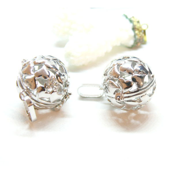 Pendentif Cage Bola Grossesse Multi Coeur avec strass 16mm, finition Argent Platine