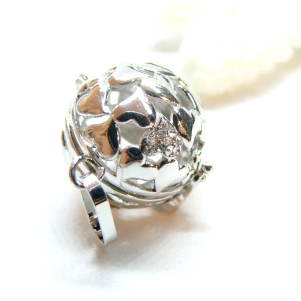 Pendentif Cage Bola Grossesse Multi Coeur avec strass 16mm, finition Argent Platine