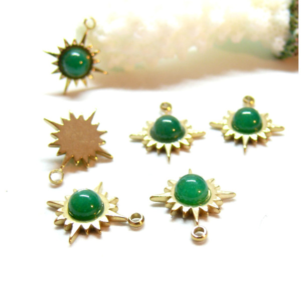Pendentif  Boho Chic, Soleil 14mm, Chrysoprase, Acier Inoxydable 304 finition Doré