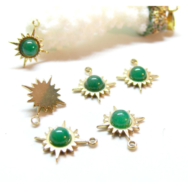 Pendentif  Boho Chic, Soleil 14mm, Chrysoprase, Acier Inoxydable 304 finition Doré