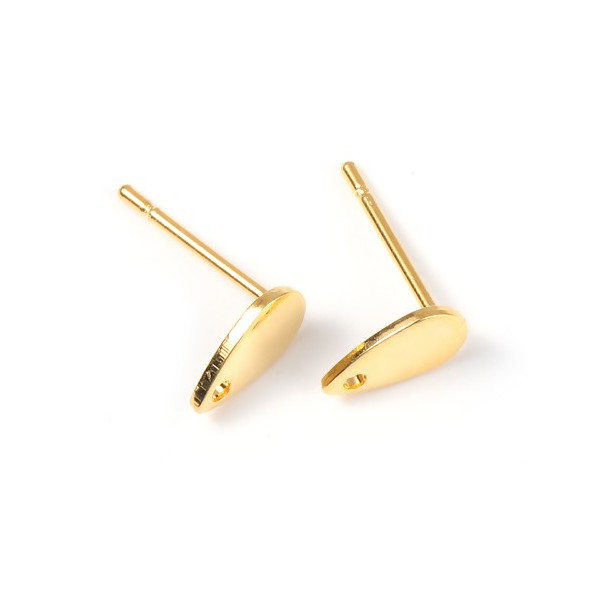 Boucles d'oreille, clou mini Goutte 8 par 5mm,  puce avec Trou, Acier Inoxydable 304, finition Doré à l'or fin 24K
