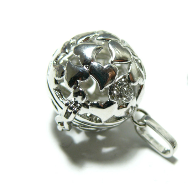 Pendentif Cage Bola Grossesse Multi Coeur avec strass 16mm, finition Argent Platine