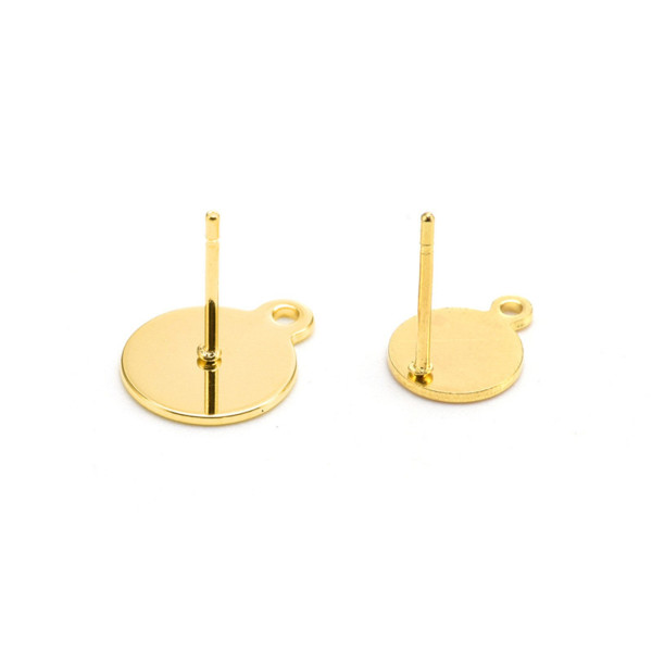Boucles d'oreilles, Puces 10mm avec trou d'attache et embouts poussoirs, Acier Inoxydable 304 DORE à l'or fin 24K