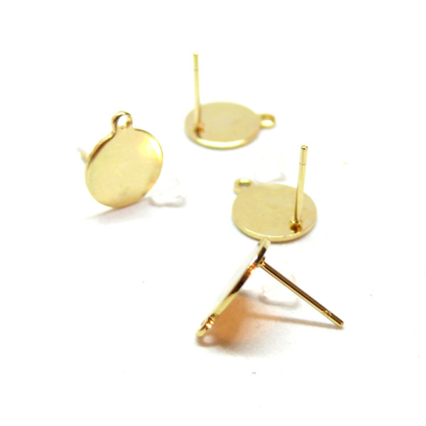 Boucles d'oreilles, Puces 10mm avec trou d'attache et embouts poussoirs, Acier Inoxydable 304 DORE à l'or fin 24K