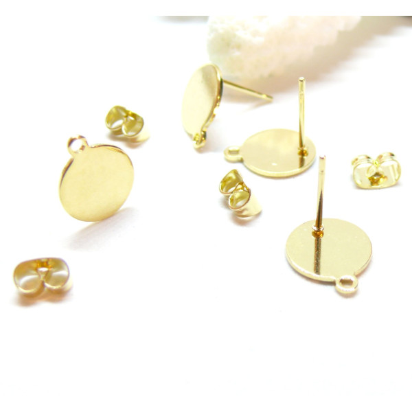 Boucles d'oreilles, Puces 10mm avec trou d'attache et embouts poussoirs, Acier Inoxydable 304 DORE à l'or fin 24K