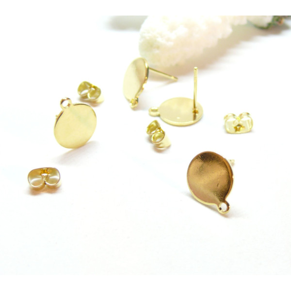 Boucles d'oreilles, Puces 10mm avec trou d'attache et embouts poussoirs, Acier Inoxydable 304 DORE à l'or fin 24K