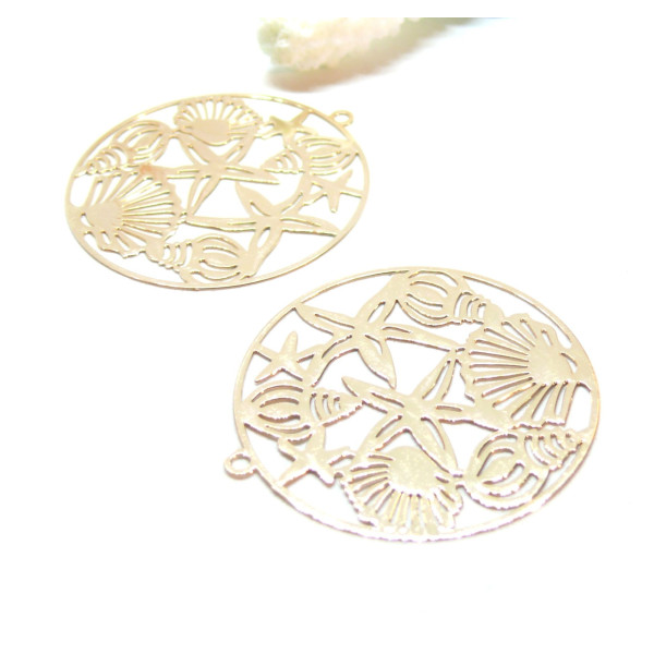 Estampes, pendentifs filigrane, Esprit marin, coquillage, étoile de mer 40mm, métal finition Doré