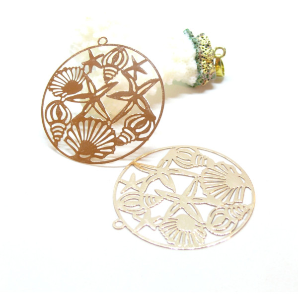 Estampes, pendentifs filigrane, Esprit marin, coquillage, étoile de mer 40mm, métal finition Doré