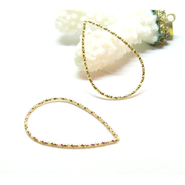 Pendentif, connecteur Goutte 33 par 21mm Martelé, Acier Inoxydable 304, finition Doré à l'or fin 18K