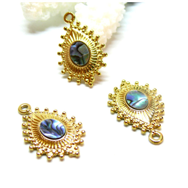 Pendentif  Boho Chic Goutte 27 par 17mm, Nacre Bleu lagon, Acier Inoxydable 304 finition Doré à l'or fin 18K