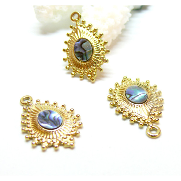 Pendentif  Boho Chic Goutte 27 par 17mm, Nacre Bleu lagon, Acier Inoxydable 304 finition Doré à l'or fin 18K