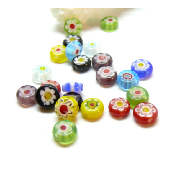Perles Rondes Plates 6mm en Verre,  Millefiori fait Main