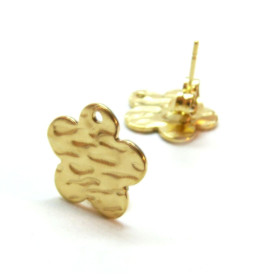Boucles d'oreille Puces Fleur Martelée 12mm avec trou, Acier Inox Doré 18K, IONIQUE