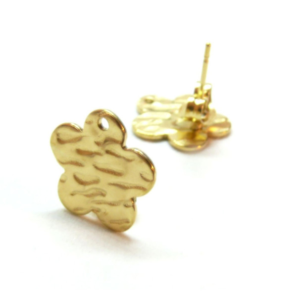 Boucles d'oreille Puces Fleur Martelée 12mm avec trou, Acier Inox Doré 18K, IONIQUE