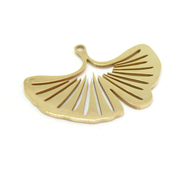 Pendentif Feuille Ginkgo Biloba 25mm,  Acier Inoxydable finition Doré à l'or fin 18K, placage IONIQUE