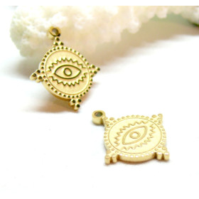 Pendentifs Amulette, Oeil de la protection Boho 16mm, Acier Inoxydable 316L, finition Doré à l'or fin 18K, Placage IONIQUE