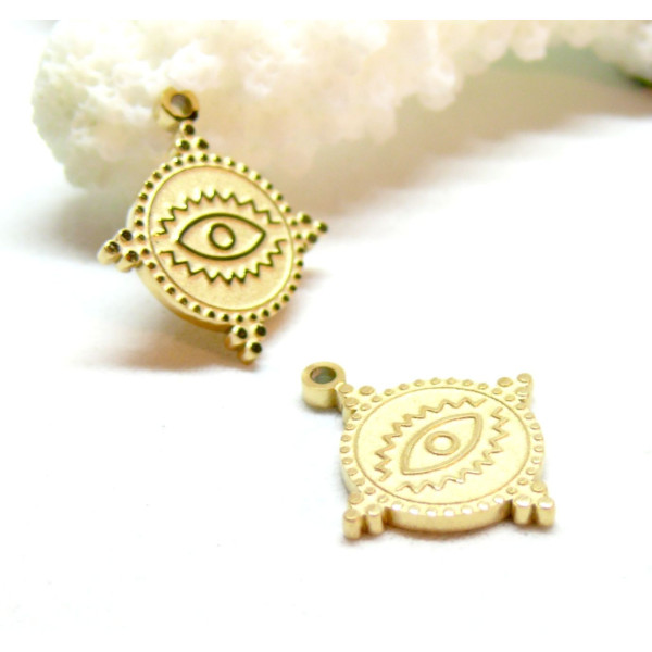 Pendentifs Amulette, Oeil de la protection Boho 16mm, Acier Inoxydable 316L, finition Doré à l'or fin 18K, Placage IONIQUE