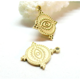 Pendentifs Amulette, Oeil de la protection Boho 16mm, Acier Inoxydable 316L, finition Doré à l'or fin 18K, Placage IONIQUE