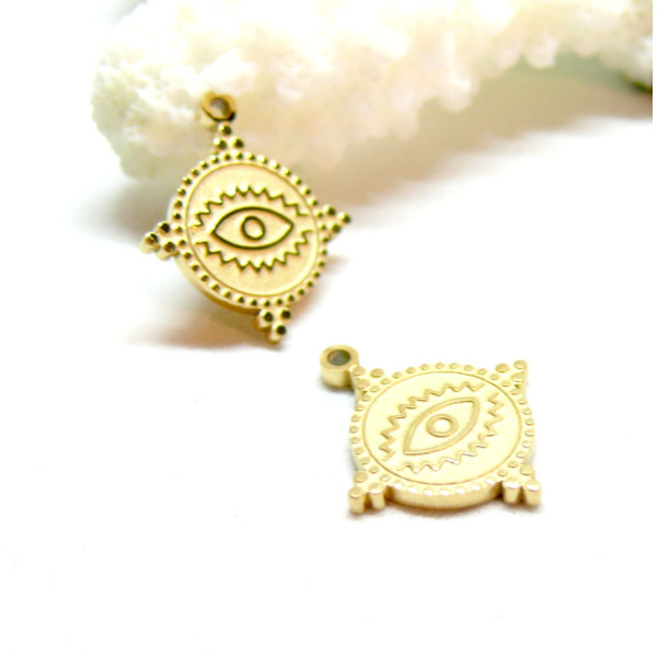 Pendentifs Amulette, Oeil de la protection Boho 16mm, Acier Inoxydable 316L, finition Doré à l'or fin 18K, Placage IONIQUE