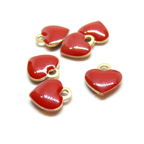 Pendentifs Coeur  10mm résine Emaillé, Laiton finition doré à l'or fin 18K coloris Rouge
