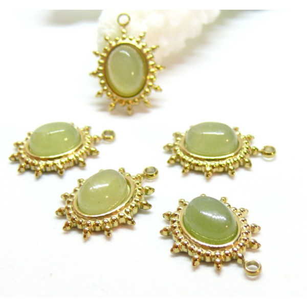 Pendentif, Soleil Ovale 17 par12mm Aventurine, Acier Inoxydable 304 finition Doré