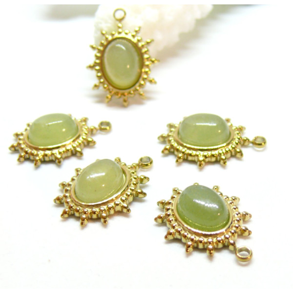 Pendentif, Soleil Ovale 17 par12mm Aventurine, Acier Inoxydable 304 finition Doré