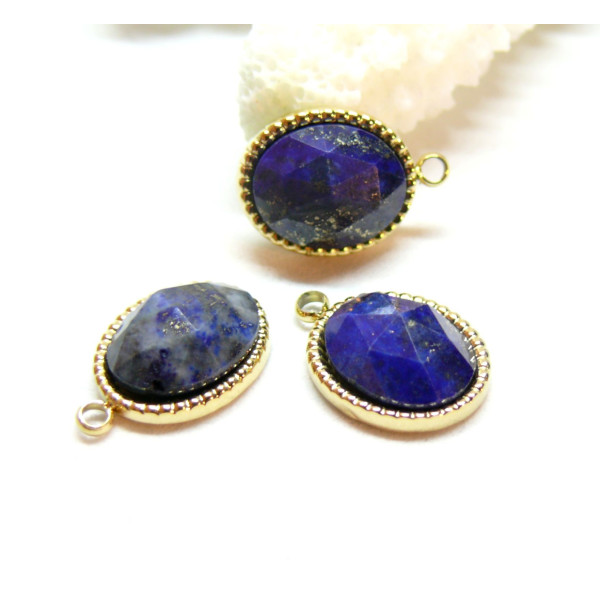 Pendentif  Lapis lazuli facettée 10 par 15mm,  Acier Inoxydable 304 finition Doré, PVD