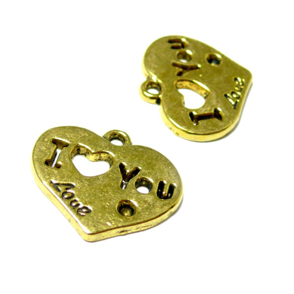 pendentifs Coeurs I Love you métal couleur Doré Antique