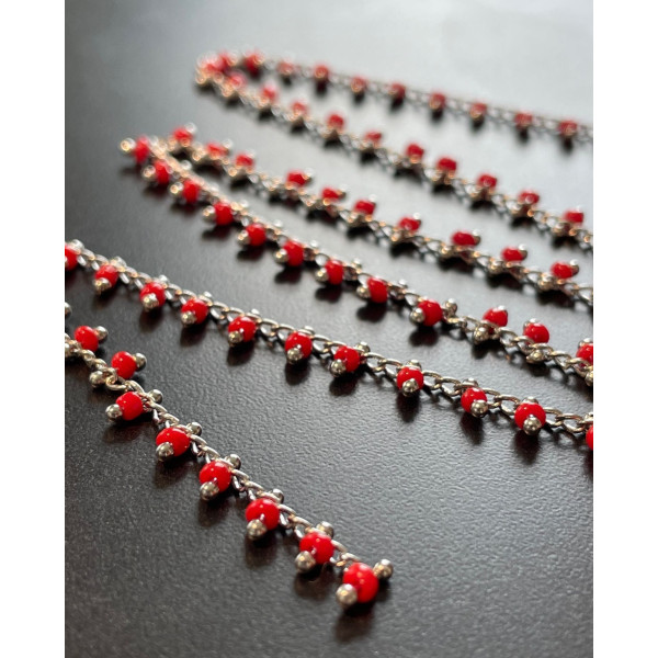 Chaine Perles de rocaille 1mm ROUGE, chaine finition Argenté