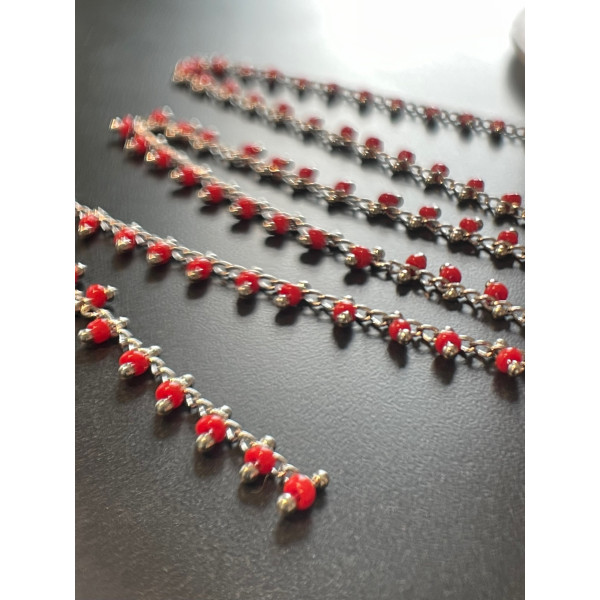 Chaine Perles de rocaille 1mm ROUGE, chaine finition Argenté