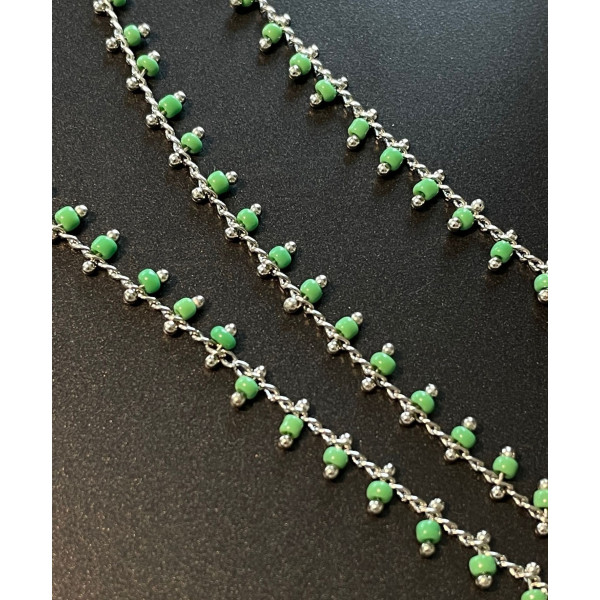 Chaine Perles de rocaille 1mm VERT Clair, chaine finition Argenté