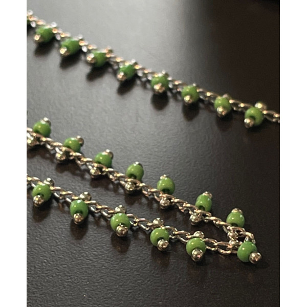 Chaine Perles de rocaille 1mm VERT Clair, chaine finition Argenté