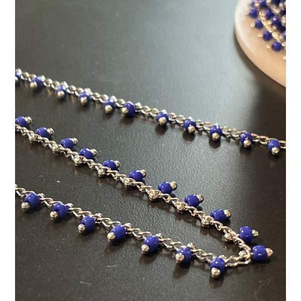 Chaine Perles de rocaille 1mm BLEU, chaine finition Argenté