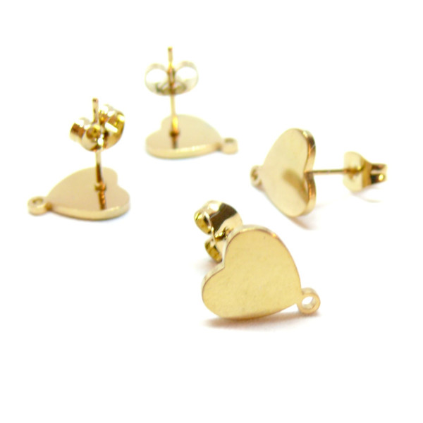 Boucles d' oreille, Puce Coeur avec attache et embouts, Acier Inoxydable 304 finition Doré, placage IONIQUE