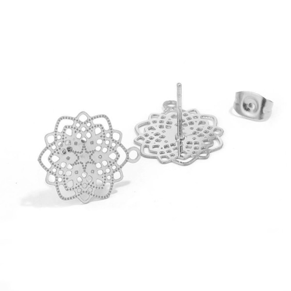 Boucles d'oreille Puce Mandala 17 mm  filigrane en ACIER INOXYDABLE 304 et poussoirs papillons finition Argenté