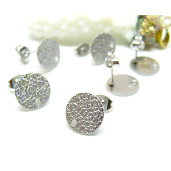 Boucles d'oreilles, Puces Travaillées 12mm avec trou et embouts poussoirs, Acier Inoxydable 304, finition ARGENT