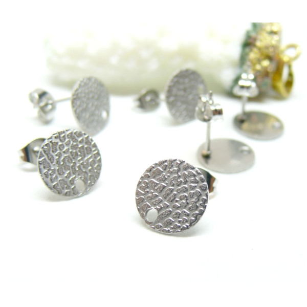 Boucles d'oreilles, Puces Travaillées 12mm avec trou et embouts poussoirs, Acier Inoxydable 304, finition ARGENT