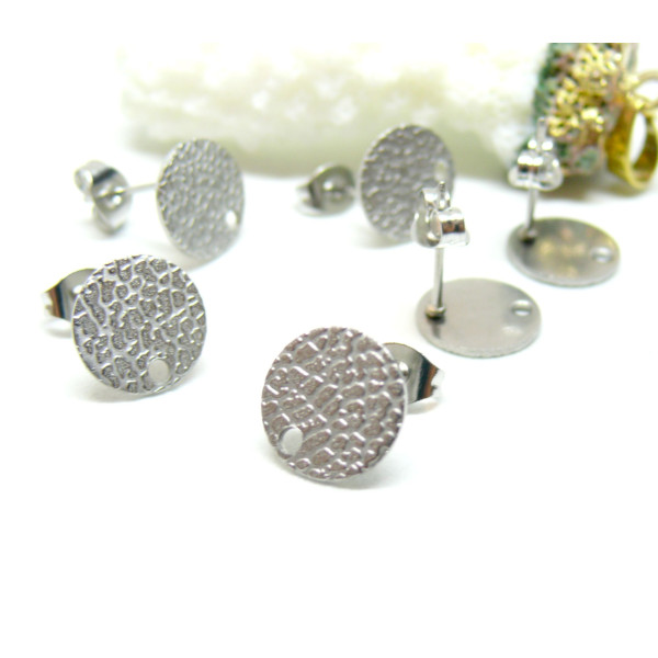 Boucles d'oreilles, Puces Travaillées 12mm avec trou et embouts poussoirs, Acier Inoxydable 304, finition ARGENT