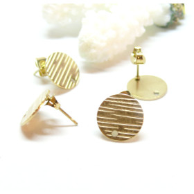 oucles d' oreille, Puce forme ronde Texturée 12 mm avec trou et embouts, Acier Inoxydable 304 finition Doré, placage IONIQUE