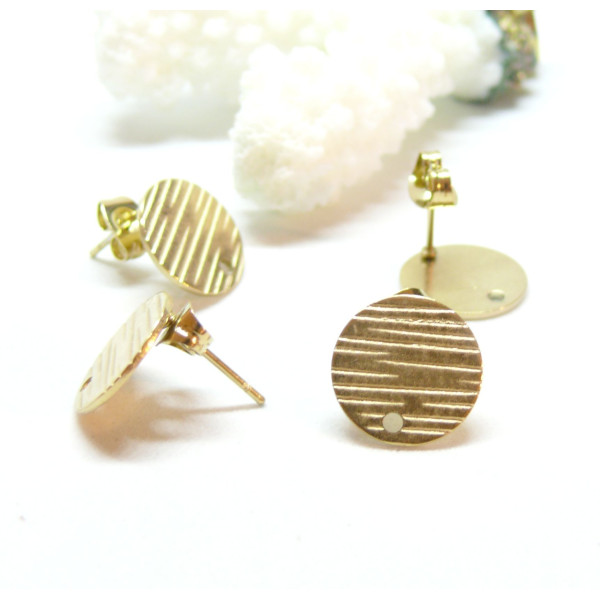 oucles d' oreille, Puce forme ronde Texturée 12 mm avec trou et embouts, Acier Inoxydable 304 finition Doré, placage IONIQUE