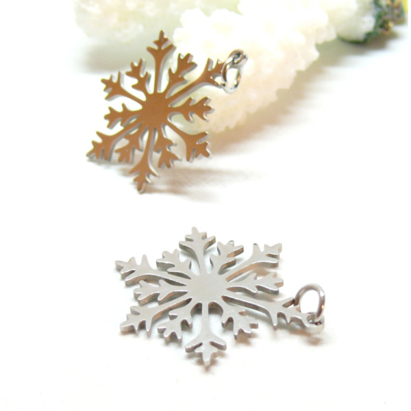 Pendentifs avec anneau, Flocon de Neige 26mm, Acier Inoxydable 304, finition Argenté