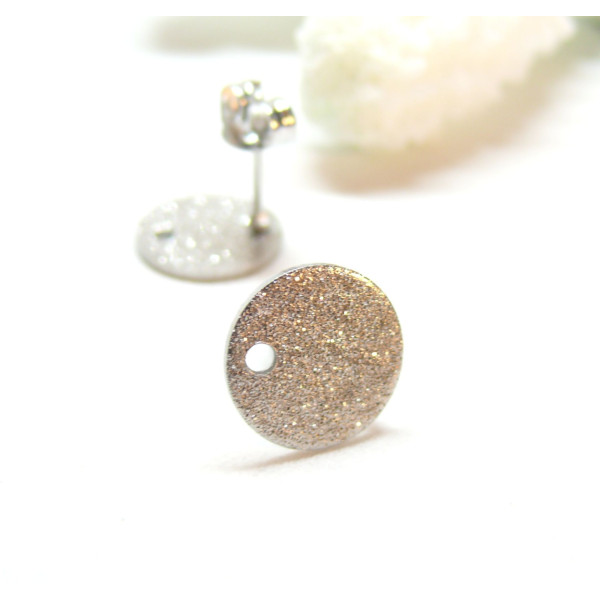 Boucles d'oreilles, Puces Granitées 12mm avec trou et embouts poussoirs, Acier Inoxydable 304, finition ARGENT