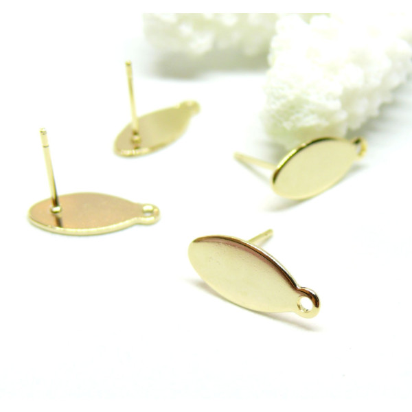 Boucles d'oreille Puce Ovale  16 par 7mm avec attache et embouts, Acier Inoxydable 304, finition Doré, Placage IONIQUE