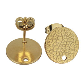 Boucles d'oreilles, Puces Travaillées 10mm avec trou et embouts poussoirs, Acier Inoxydable 304 finition DORE, Placage IONIQUE