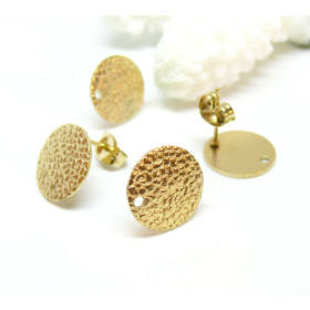 Boucles d'oreilles, Puces Travaillées 10mm avec trou et embouts poussoirs, Acier Inoxydable 304 finition DORE, Placage IONIQUE